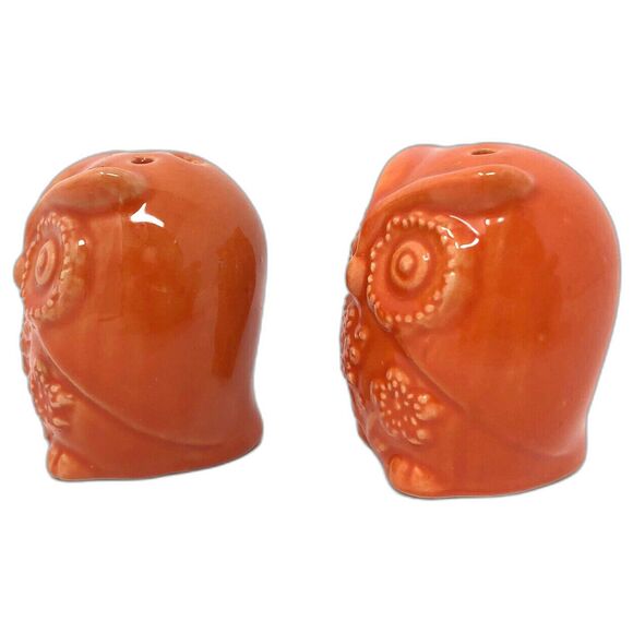 Owl Salt & Pepper Shaker Set Mini Orange Cute Ceramic Boho Retro Wise Bird - Picture 2 of 6